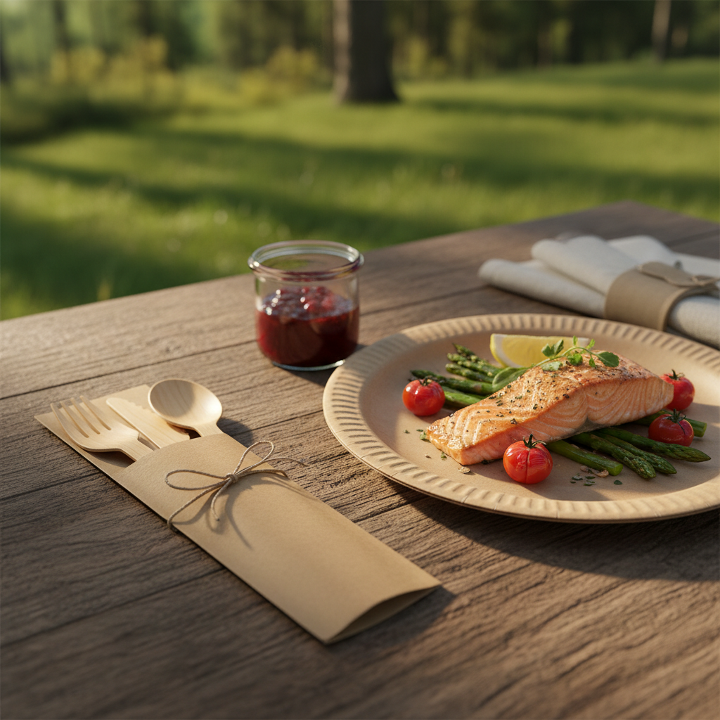 Pack couvert bois biodégradable sur table rustique avec assiette kraft et repas