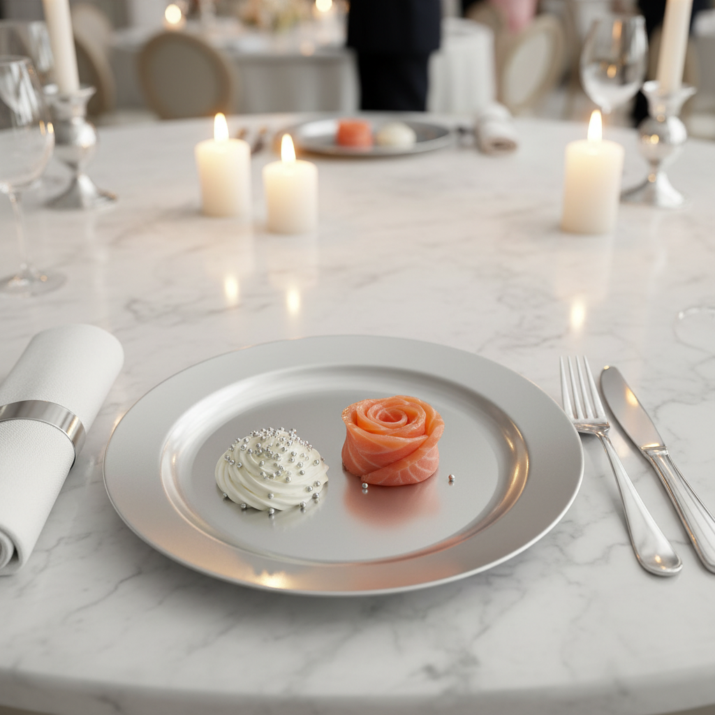 Assiette ronde argentée 24 cm avec rose de saumon fumé et perles argentées sur marbre, réception mariage luxe