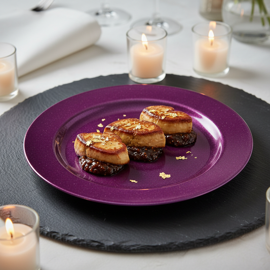 Assiette ronde pourpre paillетée 24 cm avec foie gras chutney figue et feuille d'or sur ardoise, gala premium