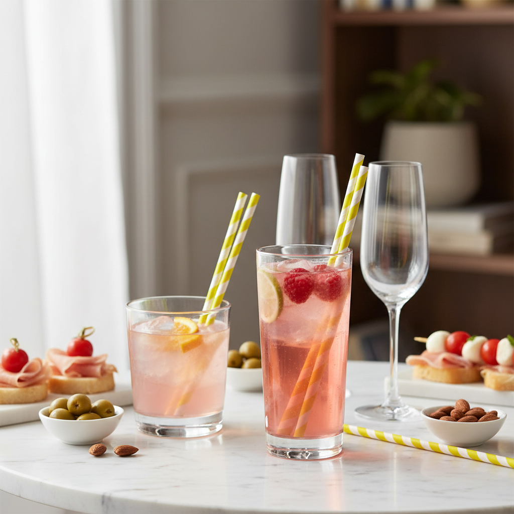 Pailles jaune et blanc sur marbre blanc apéritif chic