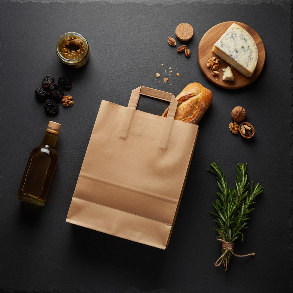 Sac kraft brun sur ardoise - mise en situation traiteur