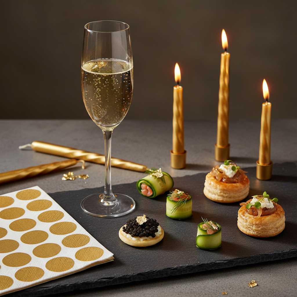 Serviette Paviot Pop Or vintage sur ardoise apéritif glamour avec champagne