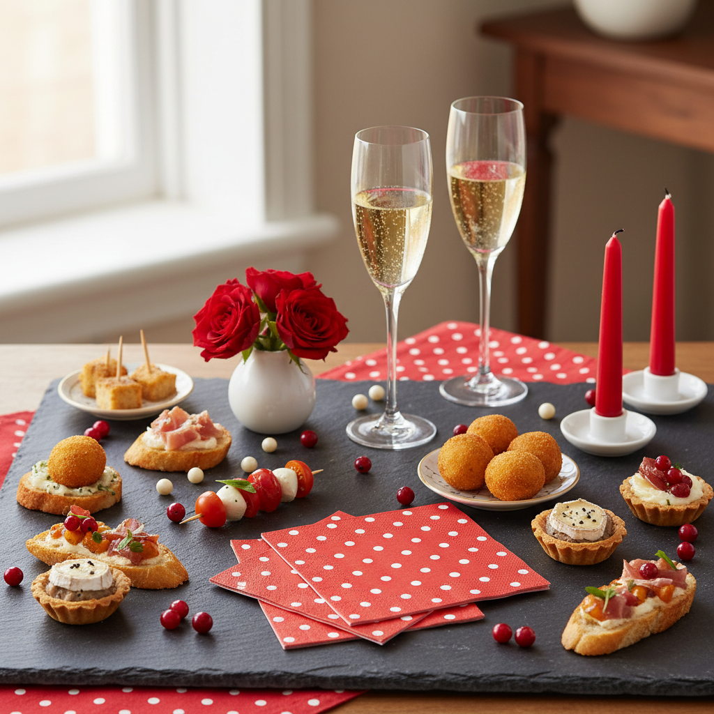 Serviette rouge pois blancs - mise en situation apéritif ardoise