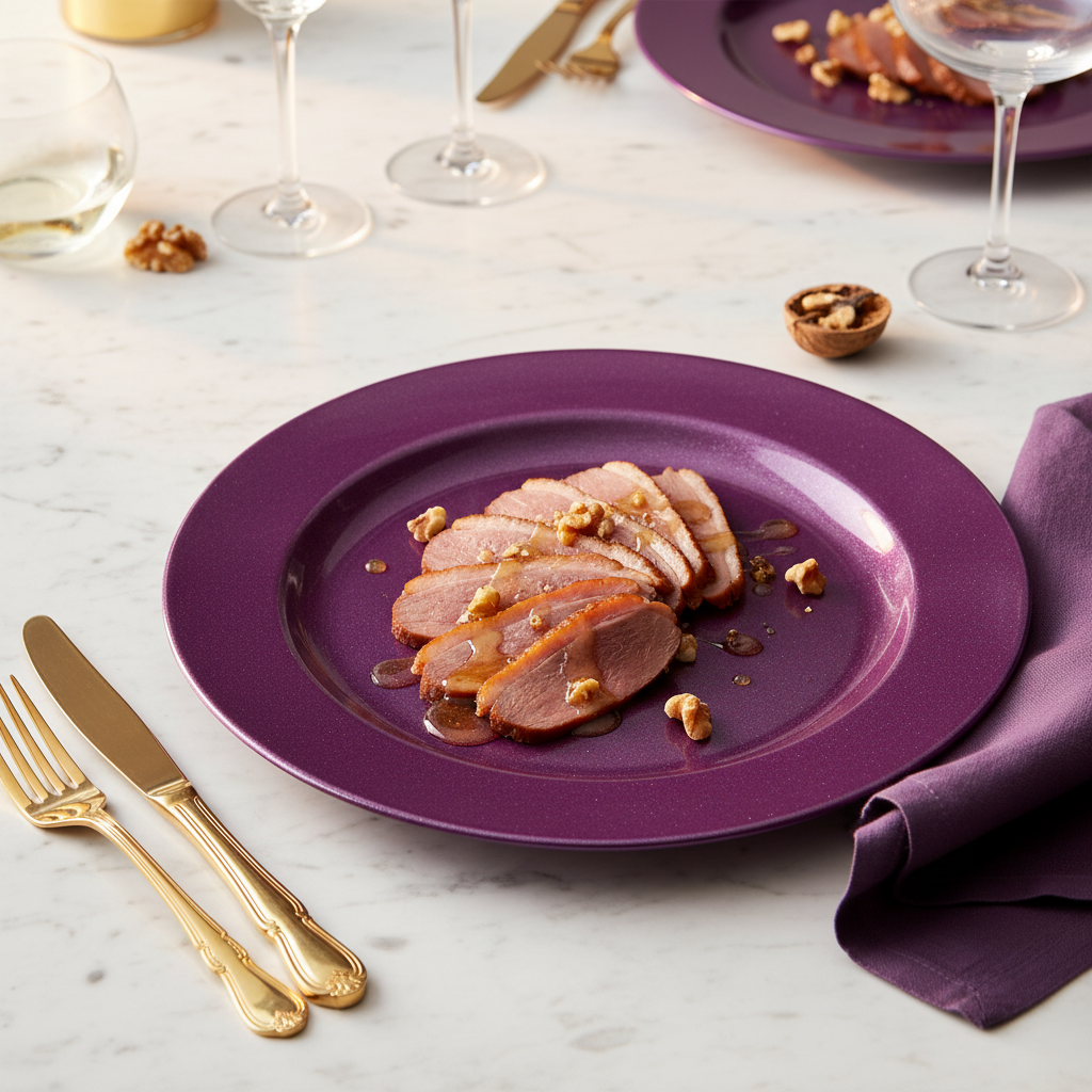 Assiette ronde pourpre paillетée 24 cm avec magret fumé miel et noix sur marbre blanc, cocktail luxe