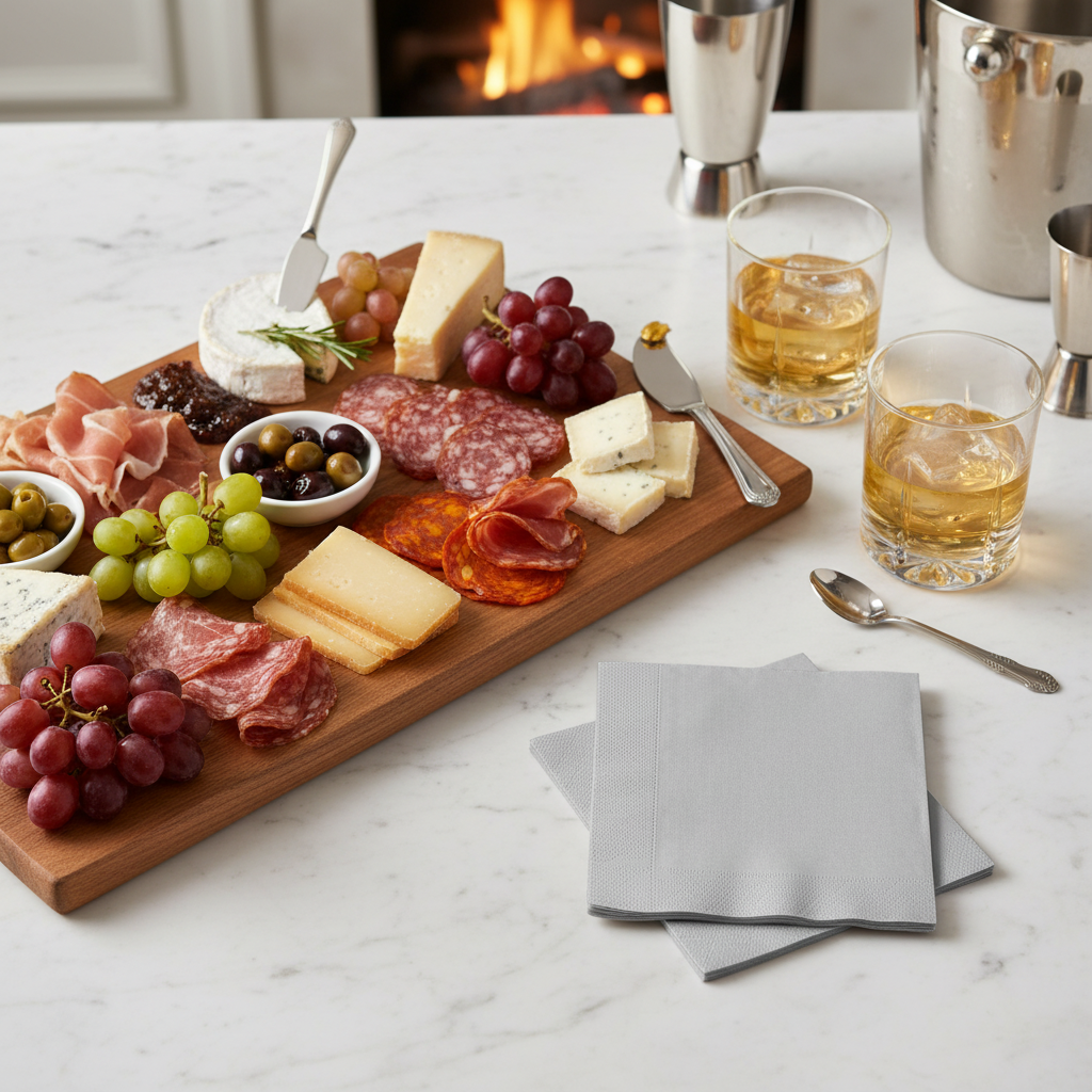 Serviette cocktail argent - mise en situation marbre