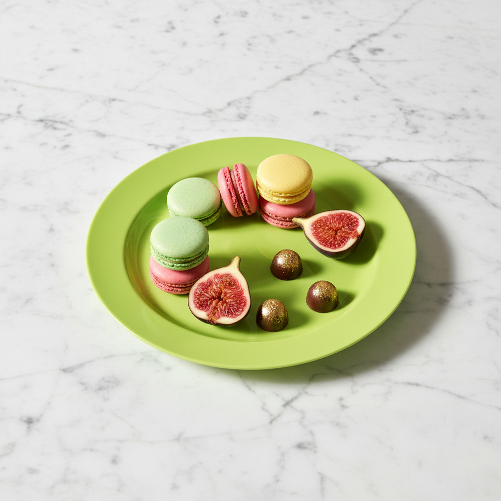 Assiette ronde anis 24cm sur marbre avec macarons et figues