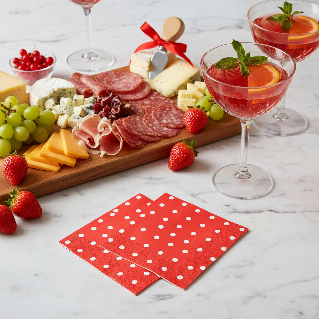 Serviette rouge pois blancs - mise en situation marbre