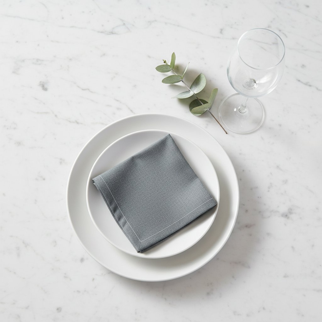 Serviette intissé gris chiné Paviot pliée sur assiette blanche fond marbre