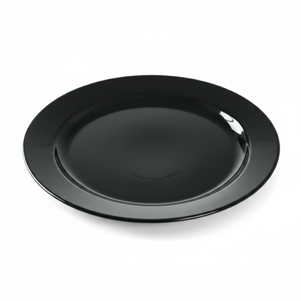 Assiette ronde recyclable noir ébène 19 cm, photo studio fond blanc, packshot produit