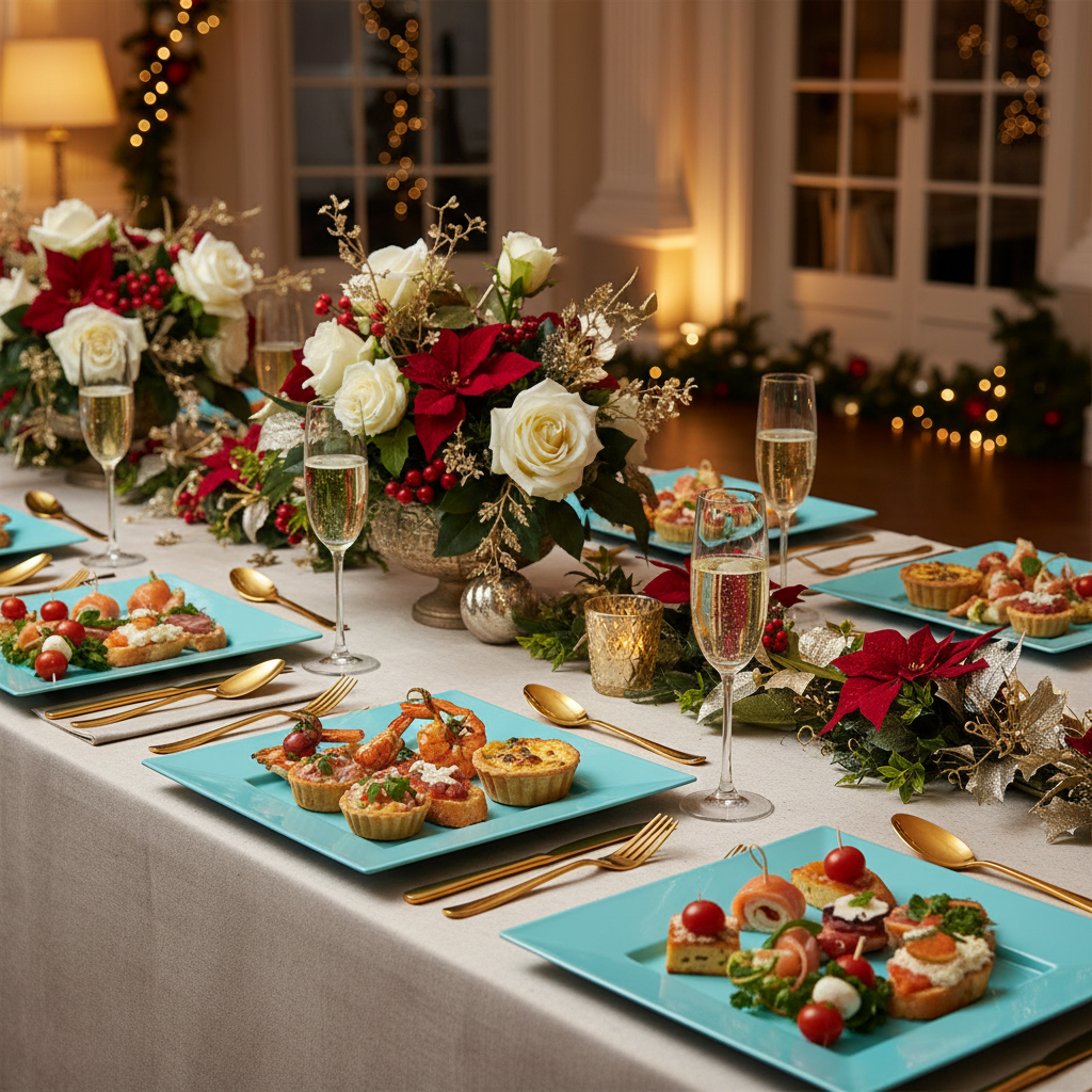 Assiettes carrées turquoise 24cm sur buffet festif avec champagne