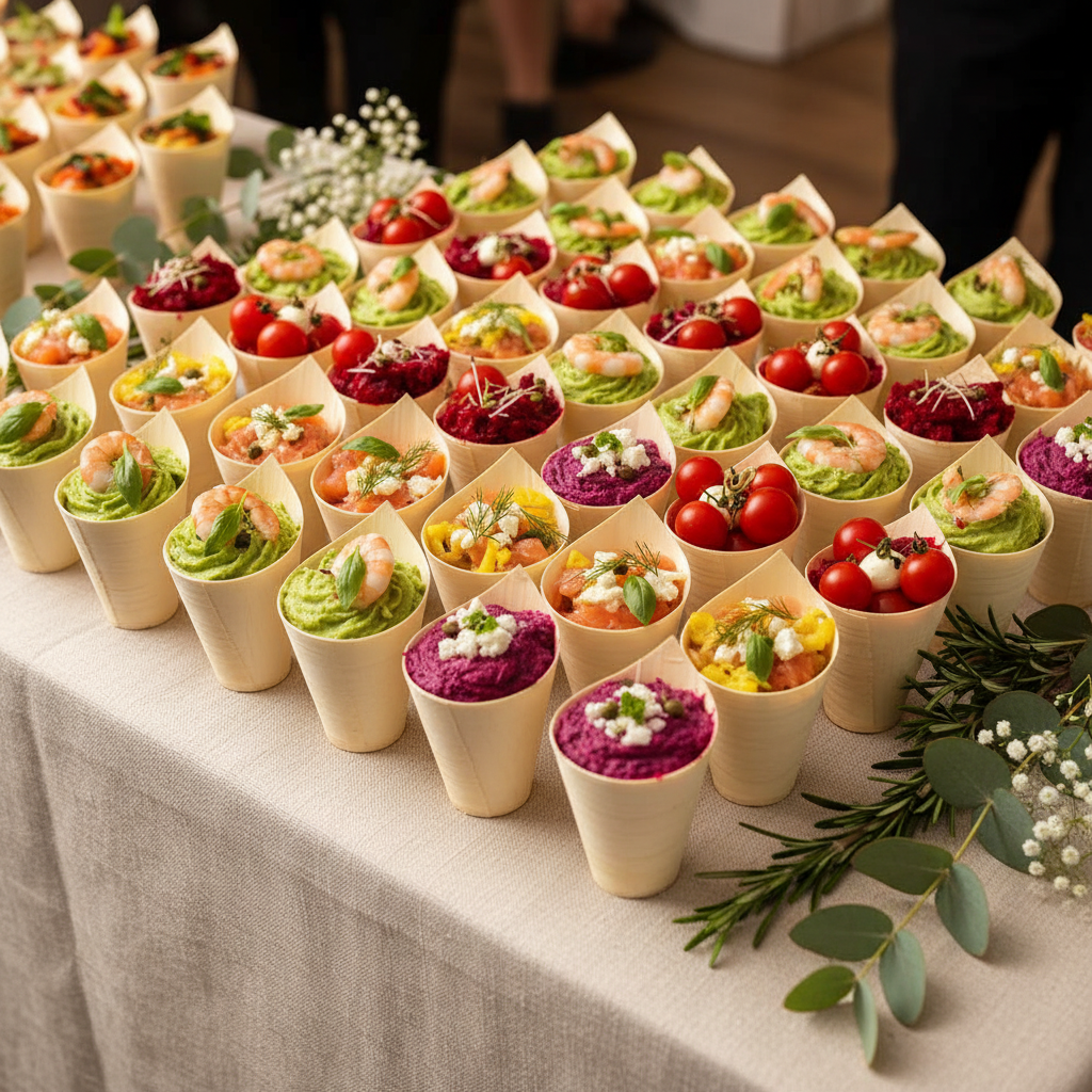 Verrines cône bois naturel sur buffet festif