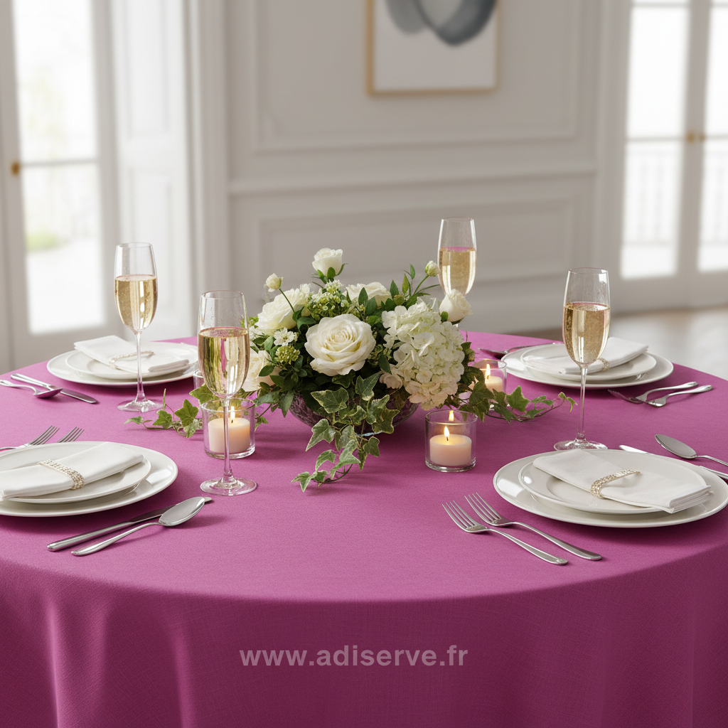 Nappe ronde fuchsia table marbre dîner festif