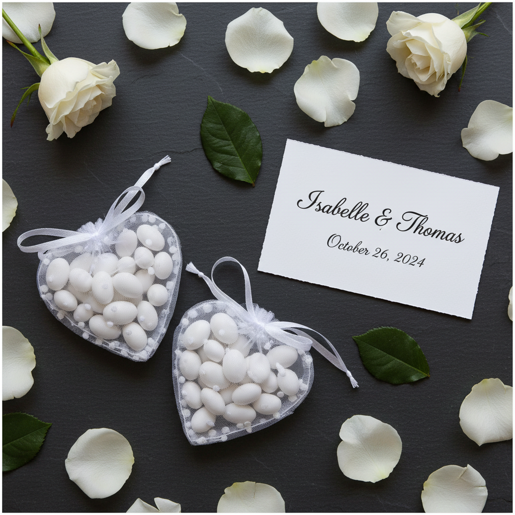 Sachet tulle pois blanc sur ardoise - table mariage