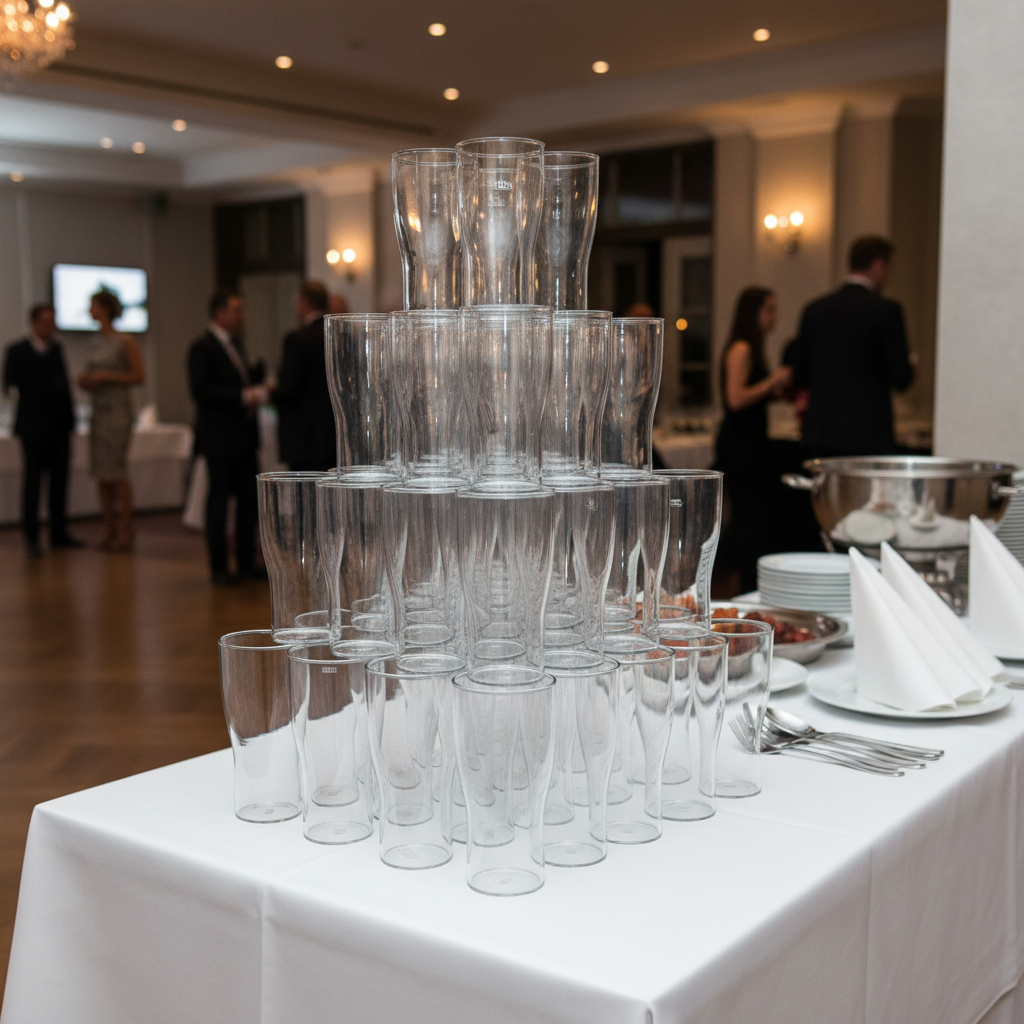 Verres à bière incassables 36cl polycarbonate empilés sur table de service traiteur