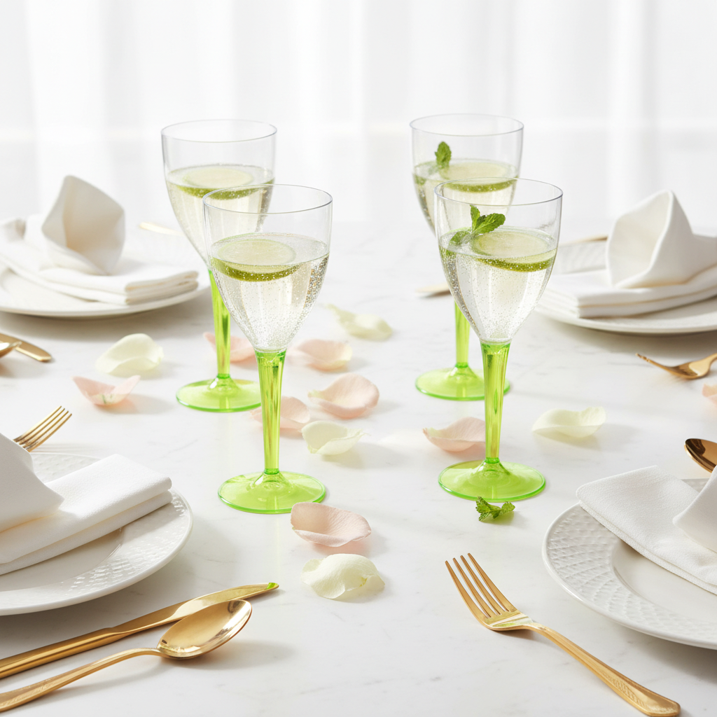 Verres à pied vert anis sur marbre blanc table de réception