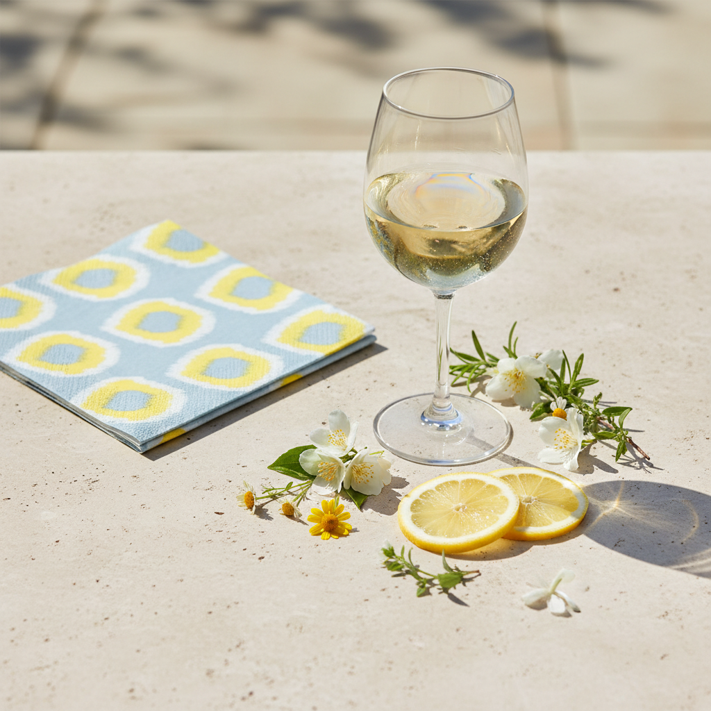 Serviette Paviot Ikat jaune en mise en situation apéritif estival