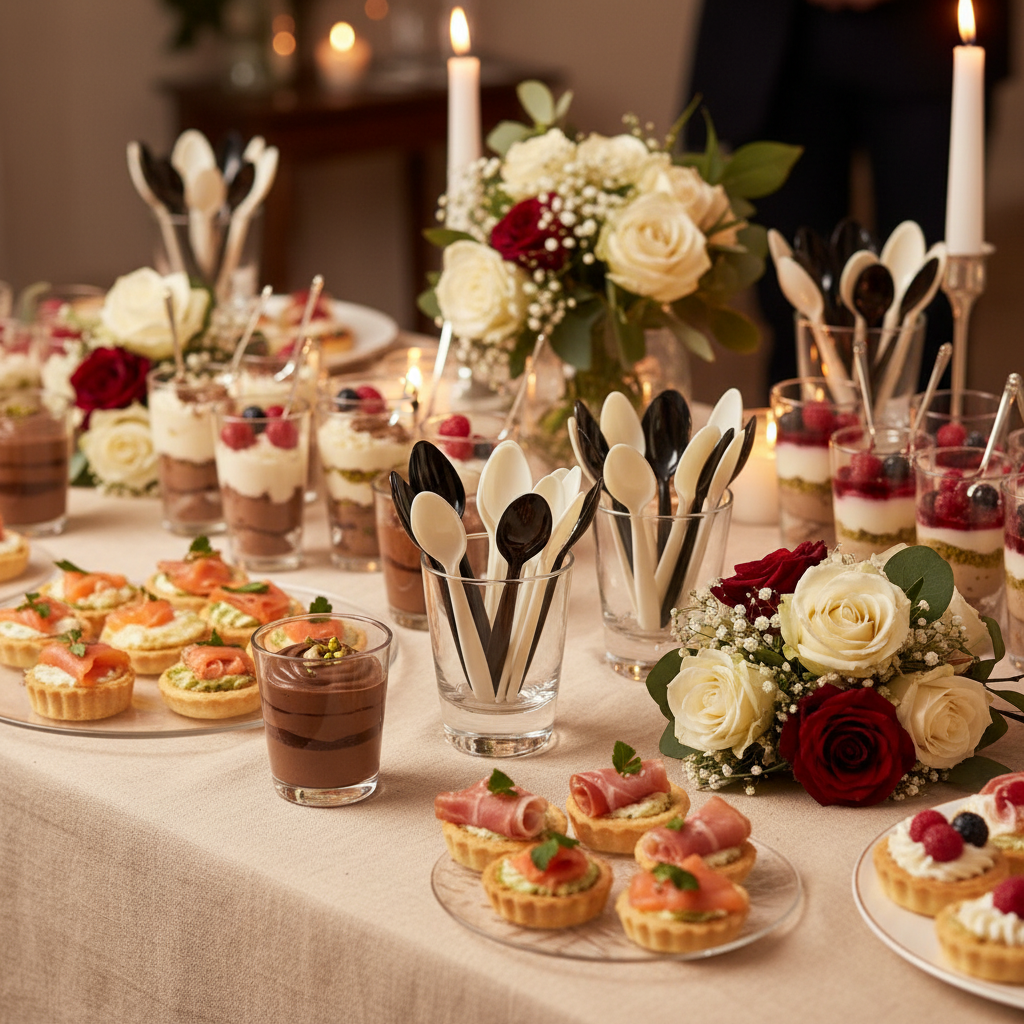 Cuillères à dessert cristal sur buffet festif