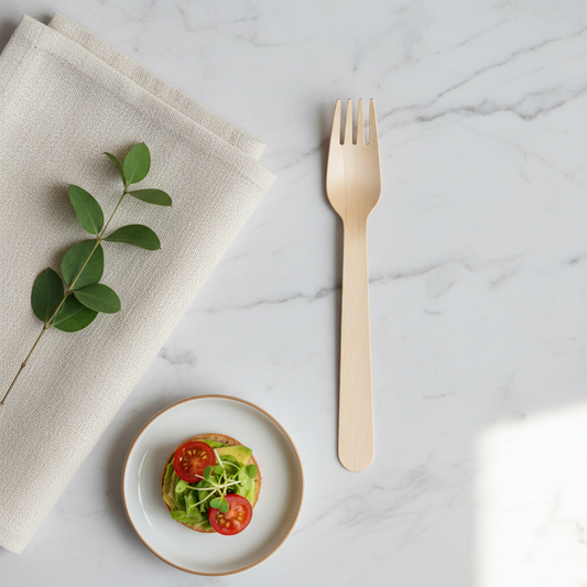 Fourchette bois bouleau sur marbre table éco-luxe