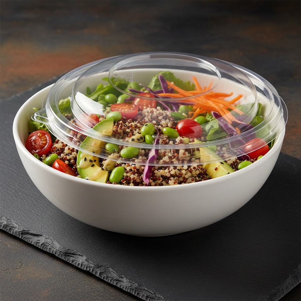 Couvercle rPET dôme sur Buddha bowl salade colorée