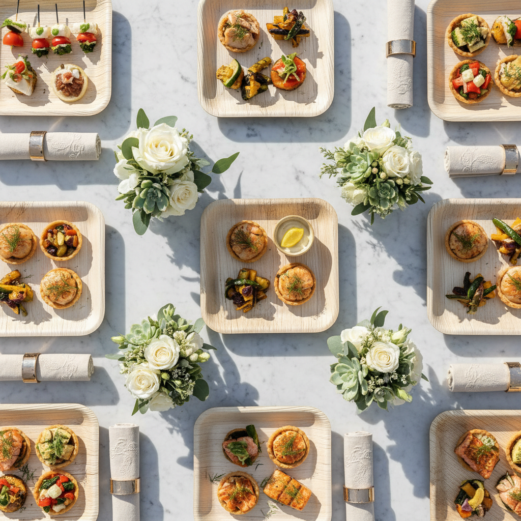 Assiettes carrées palmier sur buffet mariage avec fleurs et serviettes lin