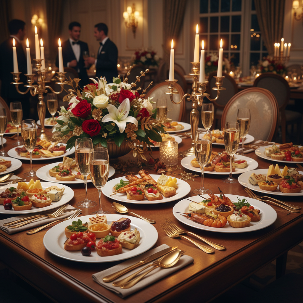 Assiettes rondes blanc nacré 19cm sur buffet festif avec champagne