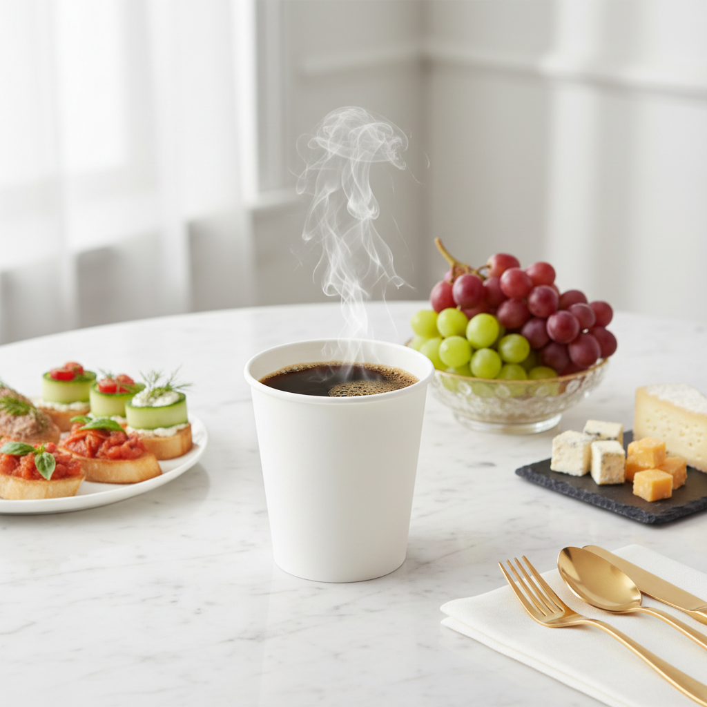Gobelet carton blanc sur marbre avec canapés et fromages