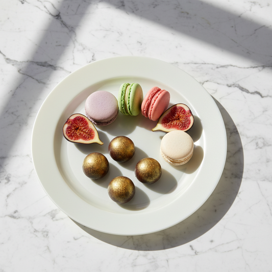 Assiette ronde blanc nacré 19cm sur marbre avec macarons et figues