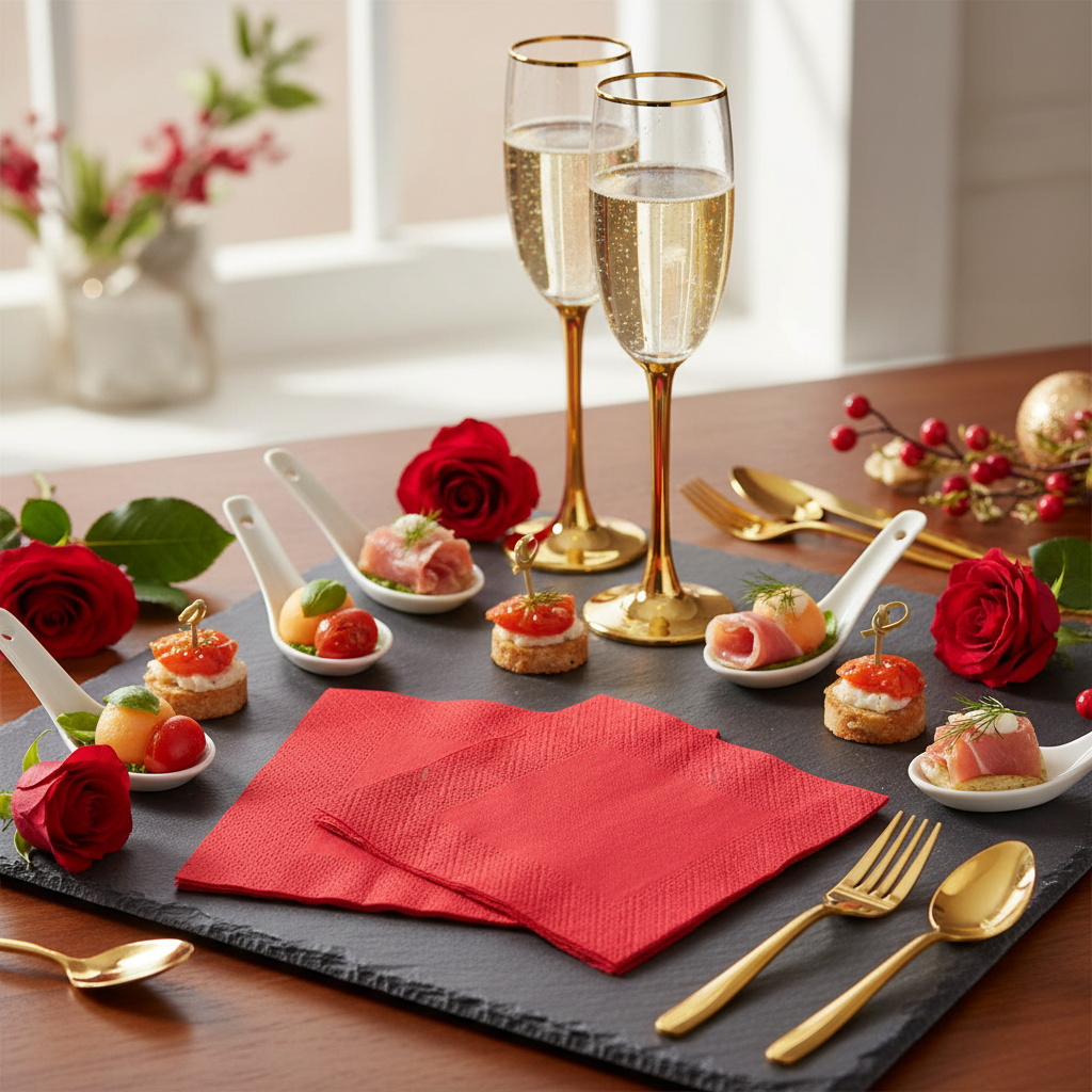 Serviette rouge biodégradable - mise en situation apéritif ardoise