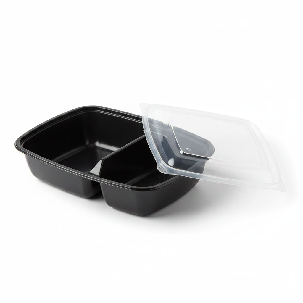 Boîte noire 2 compartiments couvercle PP studio fond blanc packshot