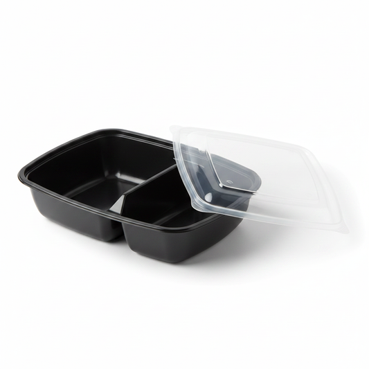 Boîte noire 2 compartiments couvercle PP studio fond blanc packshot