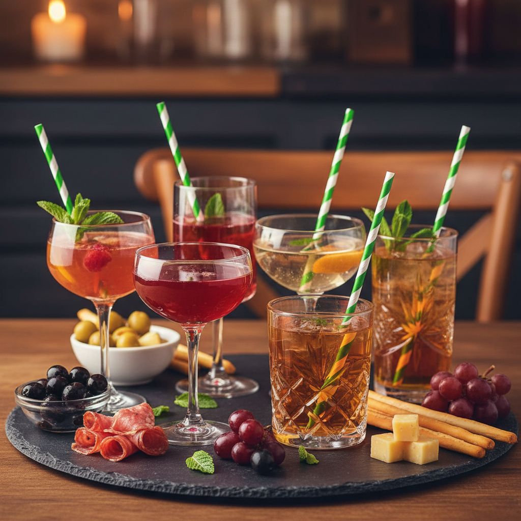 Pailles vert et blanc sur ardoise apéritif élégant