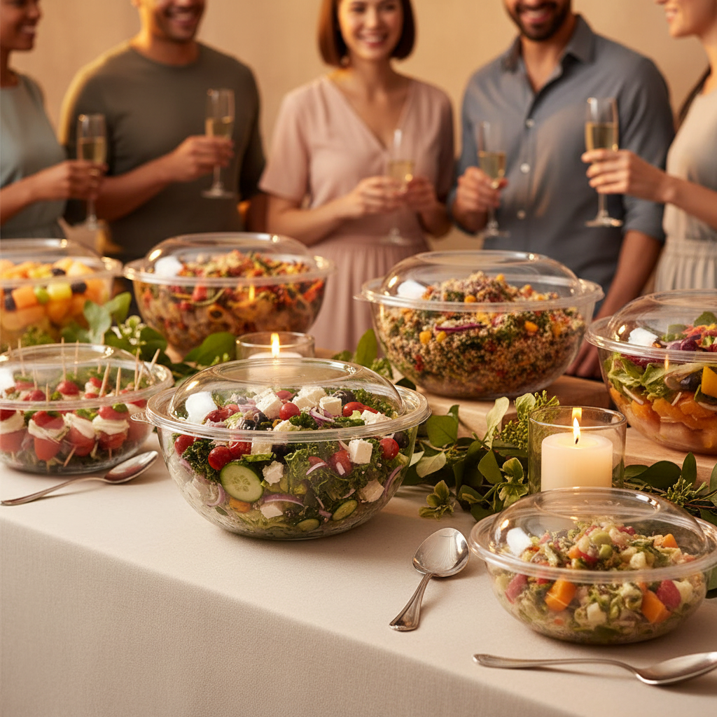 Couvercles dôme rPET grands saladiers buffet festif événementiel