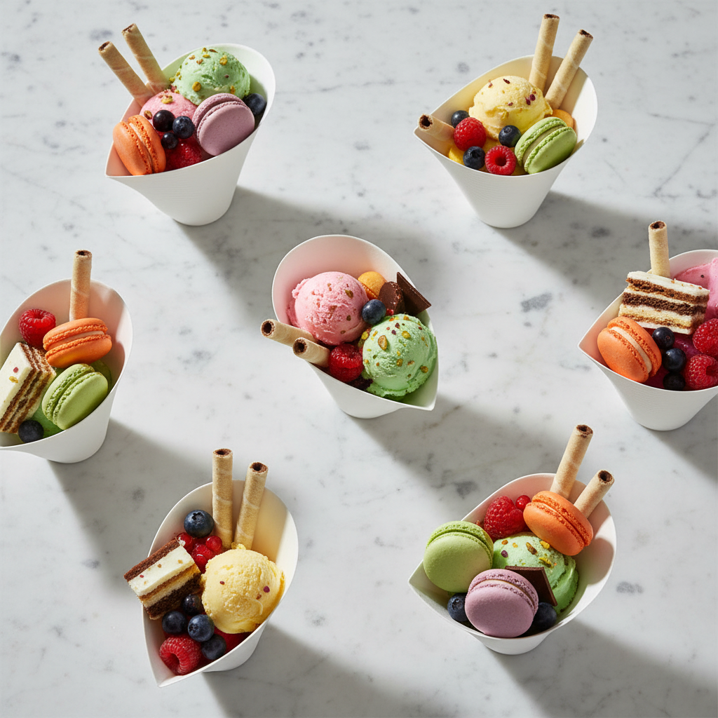 Coupes dessert côniques canne sucre desserts marbre flat lay