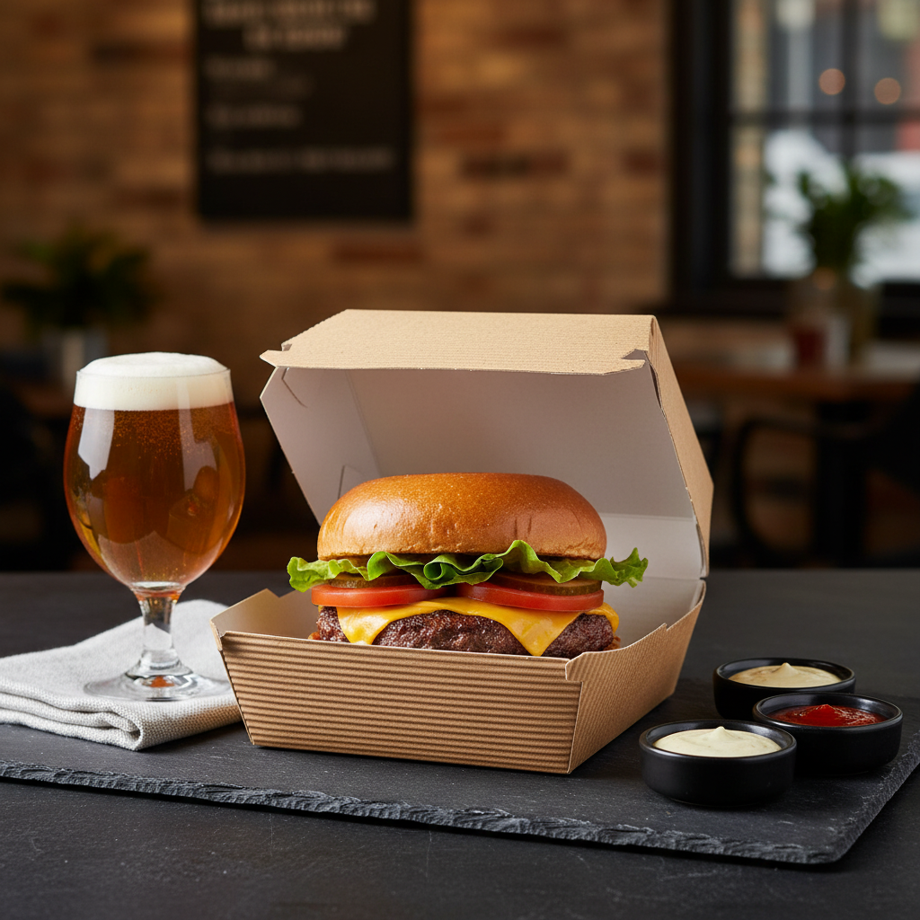 Boîte burger kraft ondulée – mise en situation apéritif sur ardoise