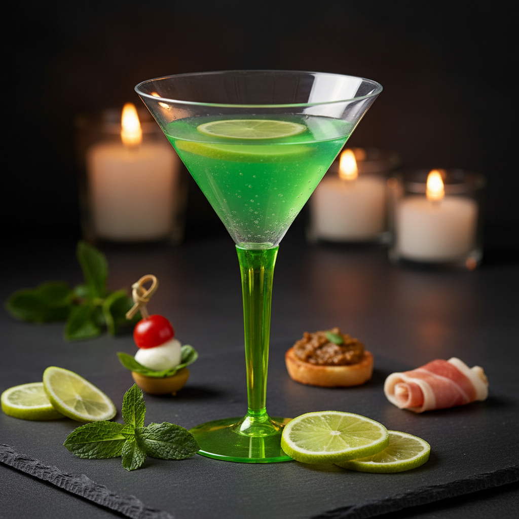 Verre à cocktail pied vert anis 7cl sur ardoise avec citron vert et menthe