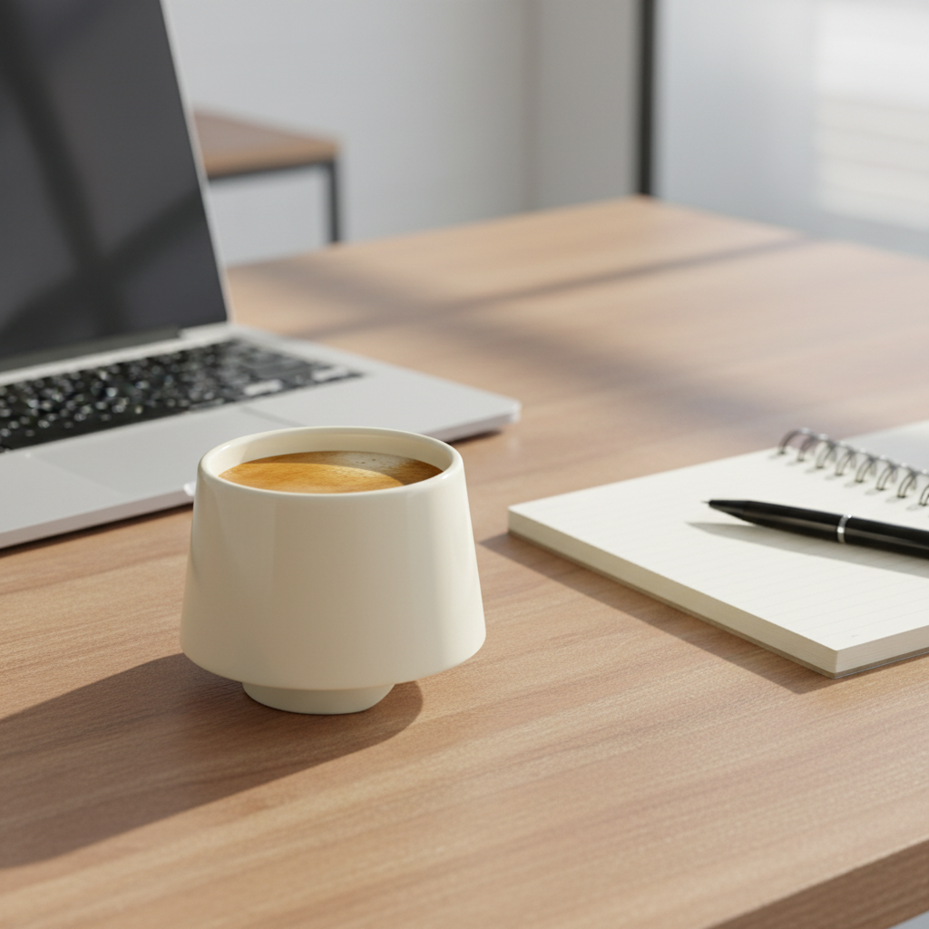Tasse Starck réutilisable 20cl ivoire avec espresso sur bureau avec laptop