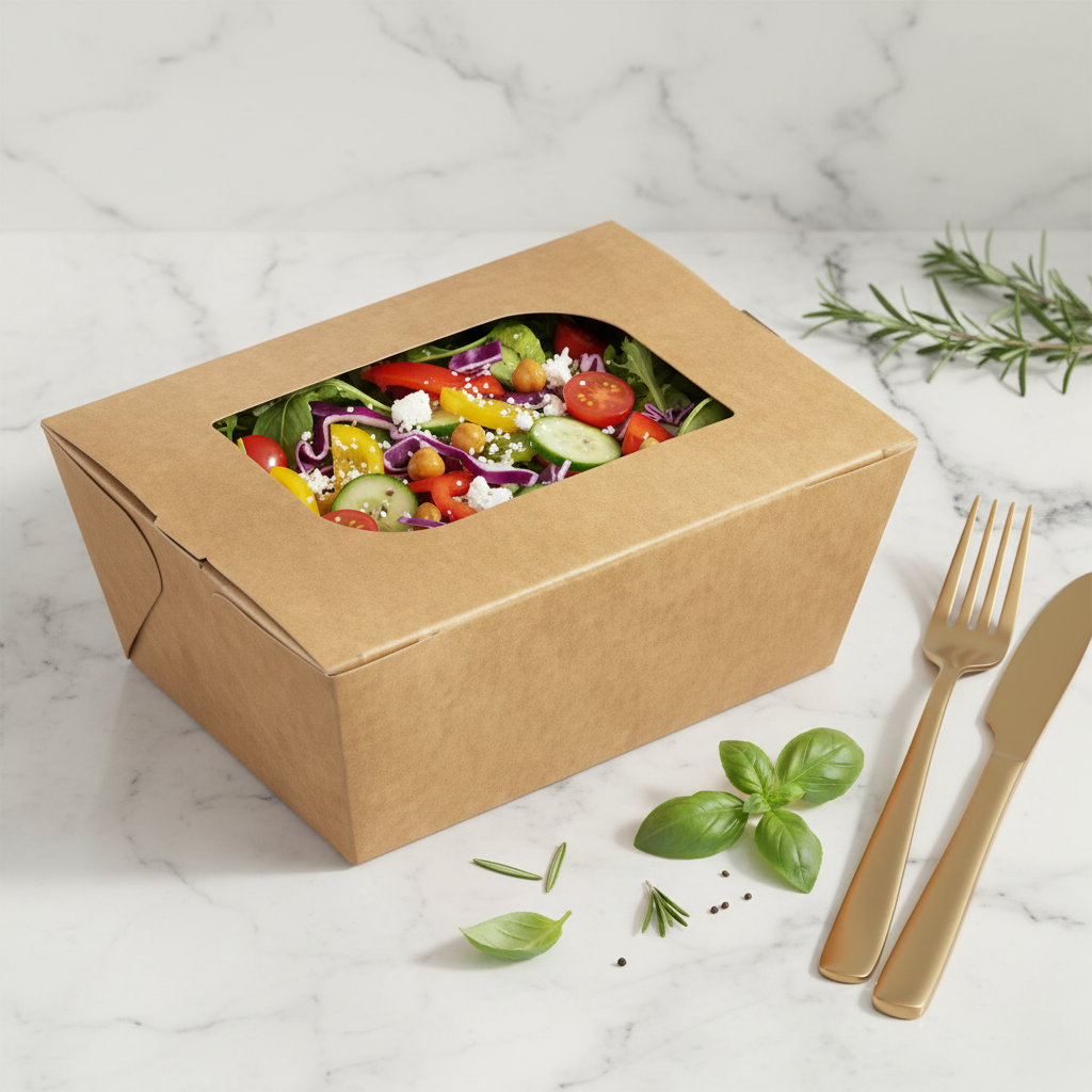 Boîte repas kraft fenêtre – mise en situation sur marbre avec salade