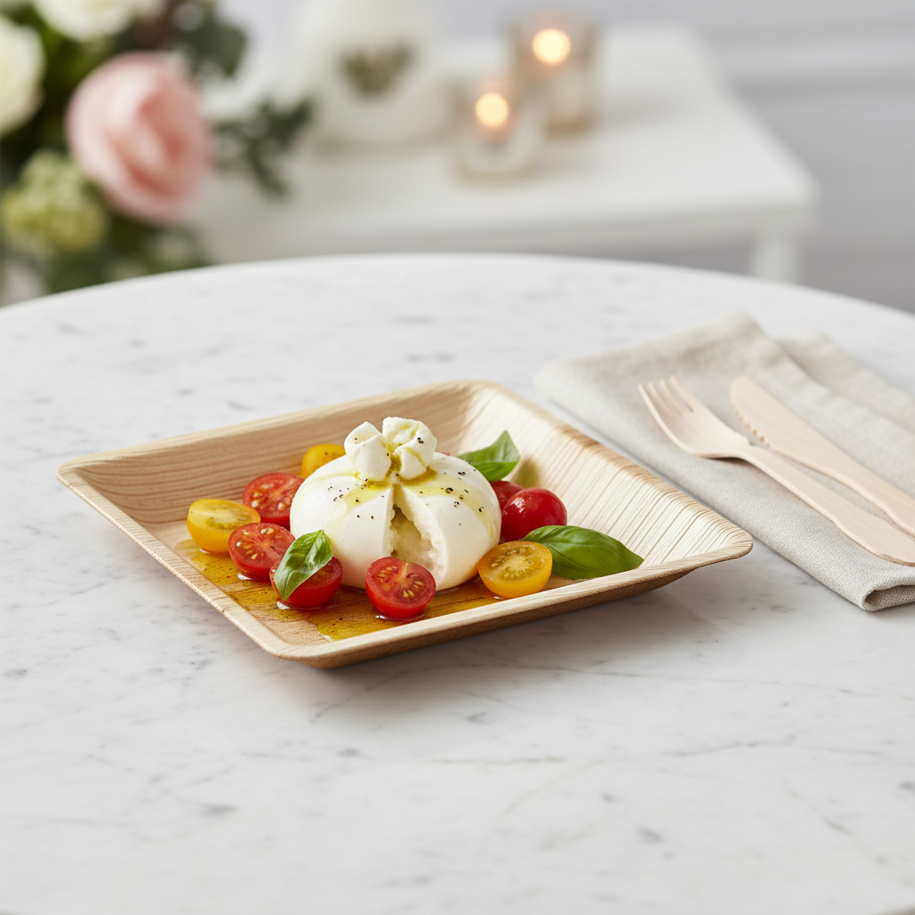 Assiette carrée palmier 18 cm avec burrata tomates cerises et basilic sur marbre blanc, réception éco