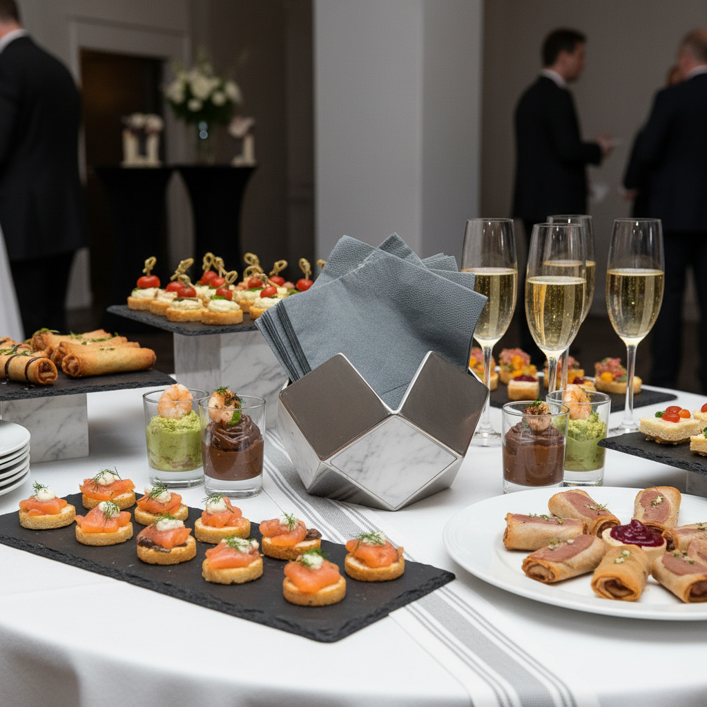 Serviette intissé gris chiné Paviot dans un buffet événement d’entreprise