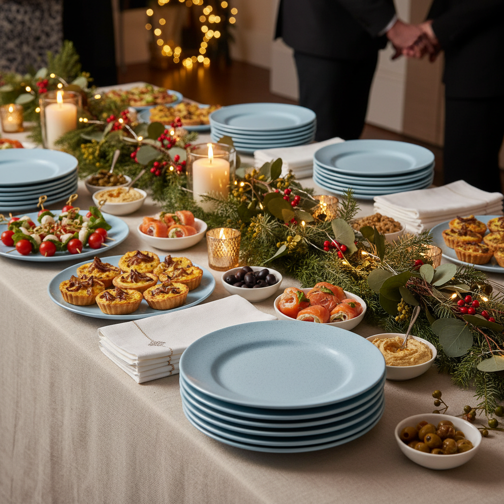 Assiettes plates Minéral bleues 20.8cm sur buffet festif