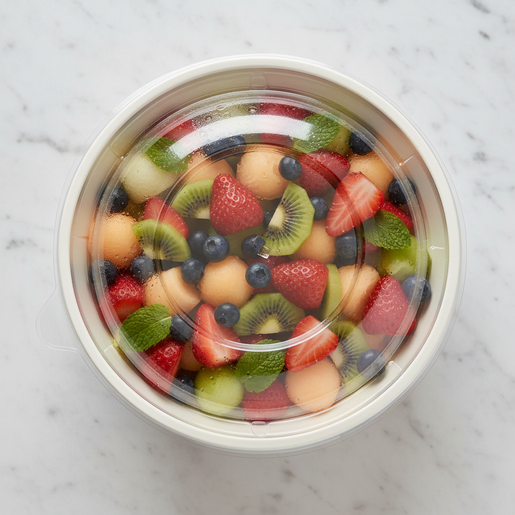 Couvercle dôme rPET grand saladier salade fruits marbre flat lay