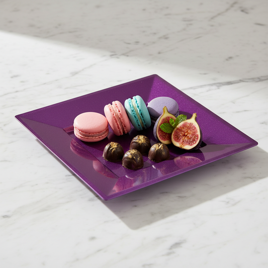 Assiette carrée pourpre pailletée 18cm sur marbre avec macarons et figues