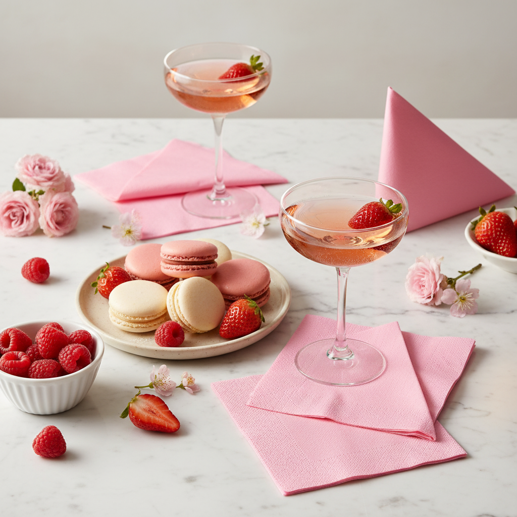 Serviette rose biodégradable - mise en situation marbre
