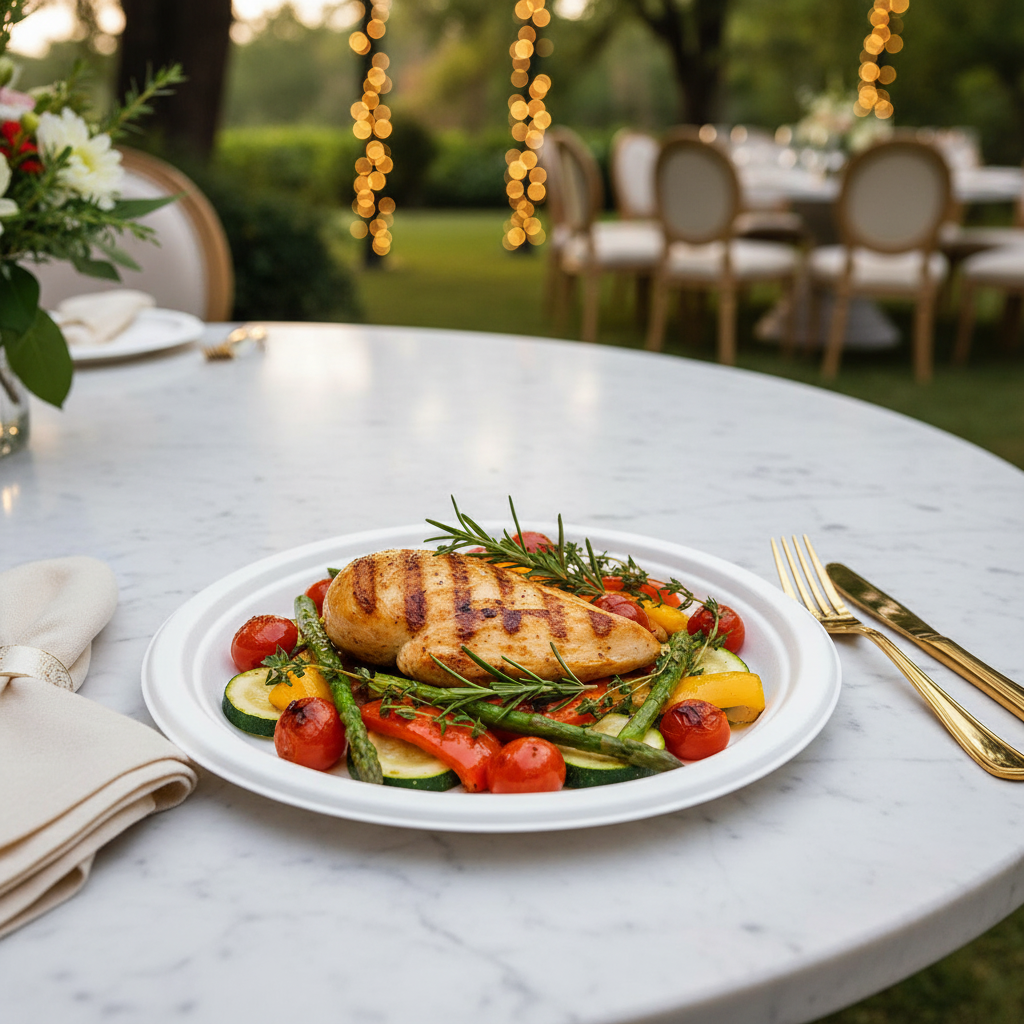 Assiette ronde canne à sucre 26 cm avec poulet grills et légumes rôtis sur marbre blanc, réception mariage