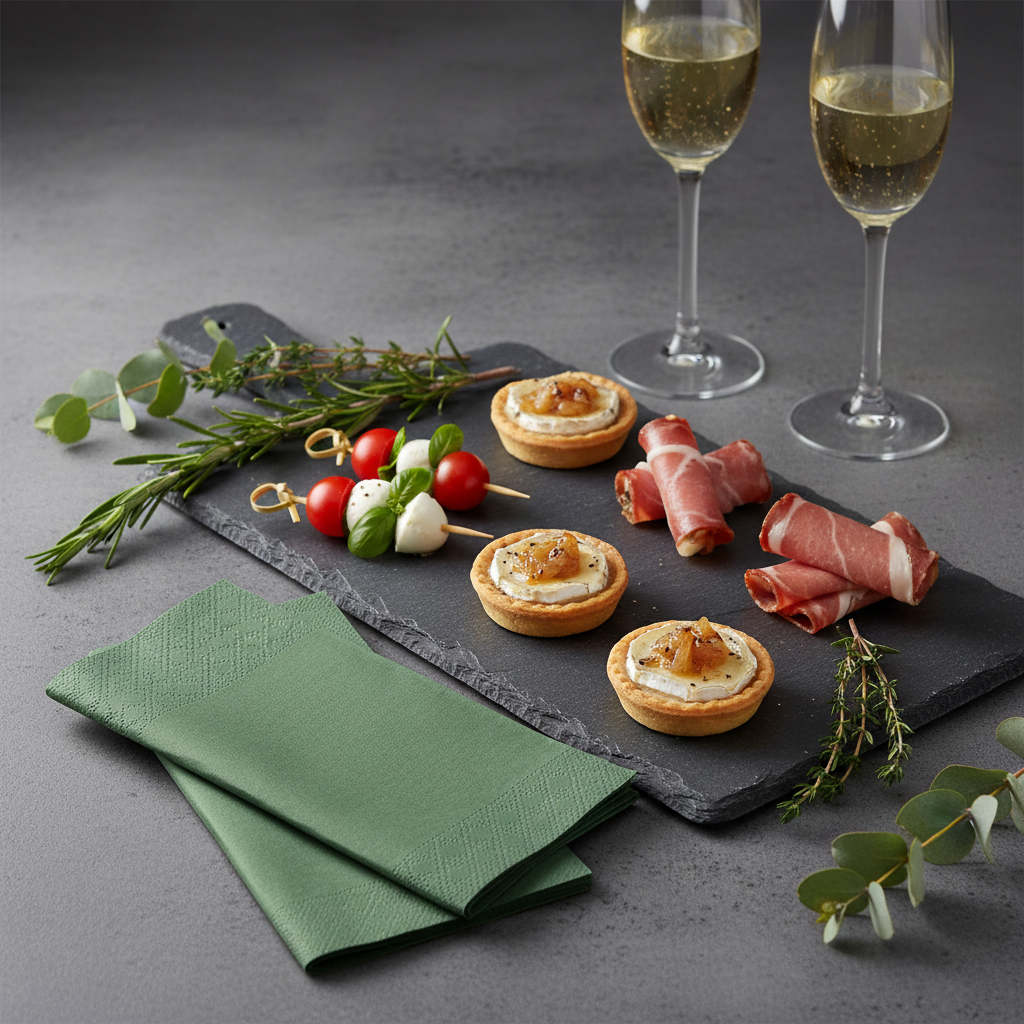 Serviette vert jaguar biodégradable - mise en situation apéritif ardoise