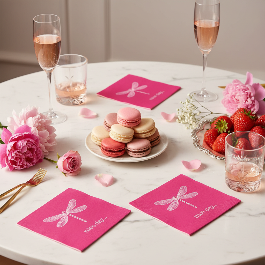 Serviette Nice Day fuchsia - mise en situation marbre