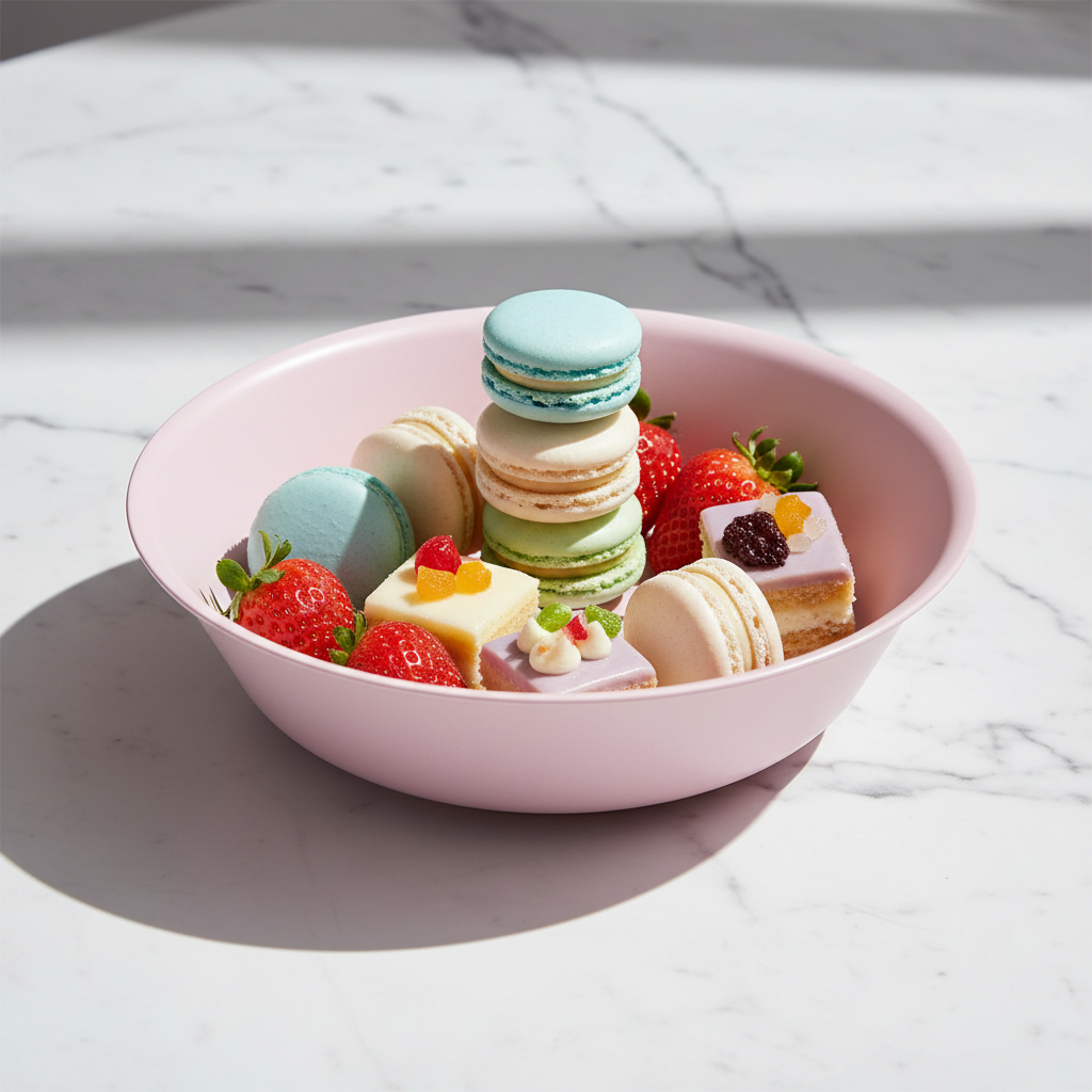 Assiette creuse rose sur marbre avec apéritif raffiné