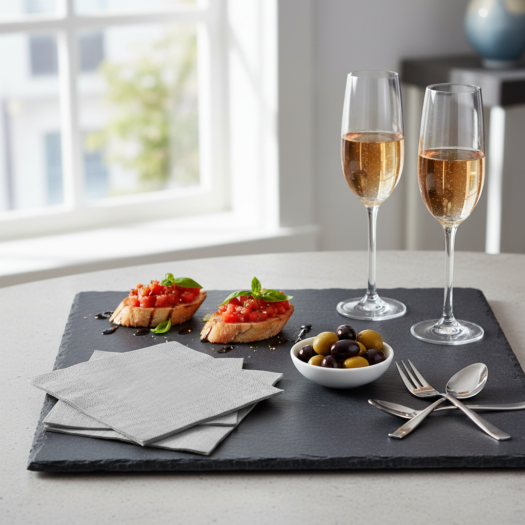 Serviette grise biodégradable - mise en situation apéritif ardoise