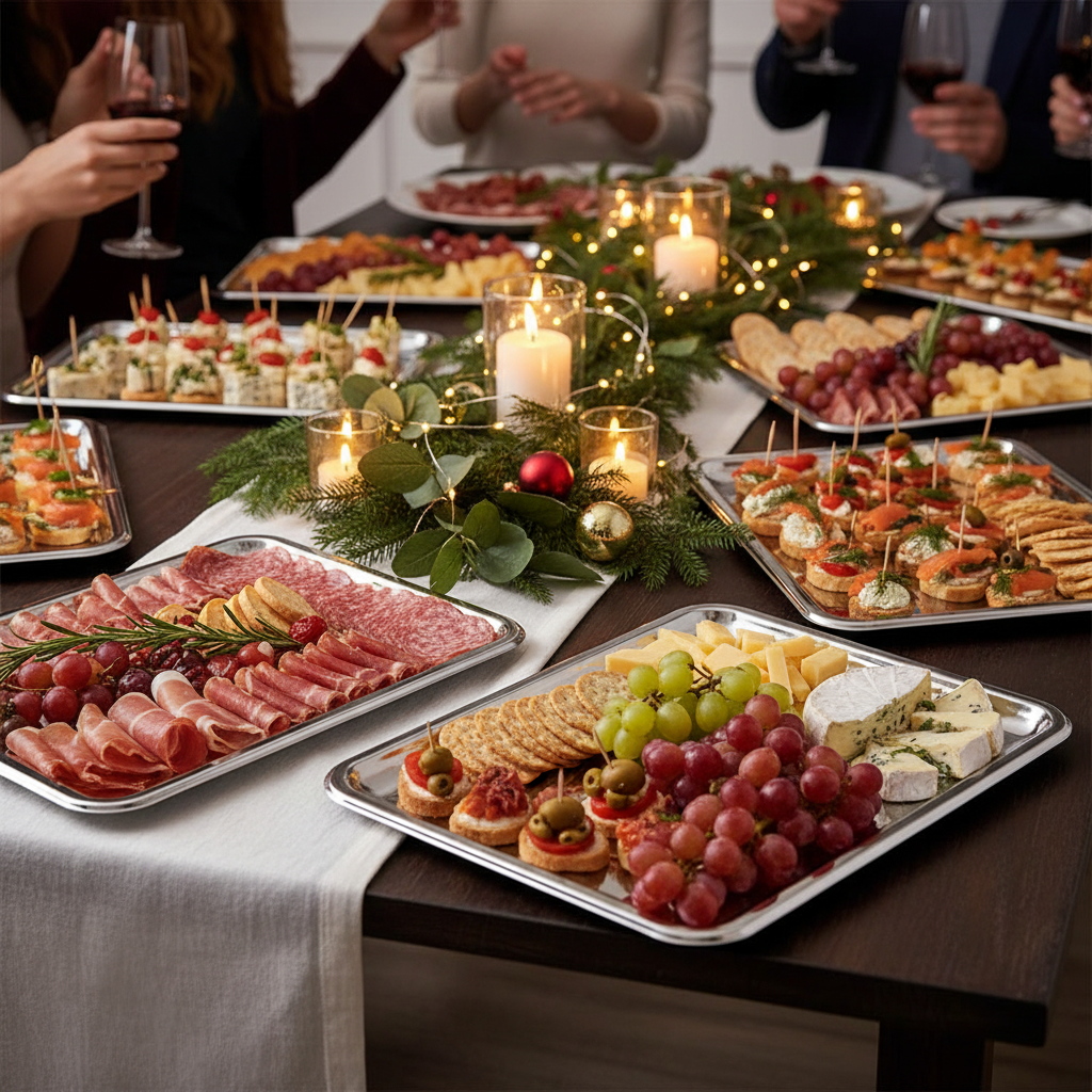 Plateaux buffet 35x24cm PET recyclable argentés sur buffet festif