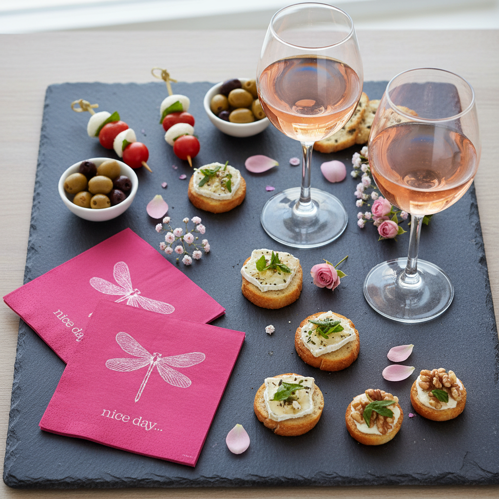 Serviette Nice Day fuchsia - mise en situation apéritif ardoise